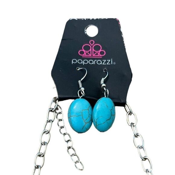 Paparazzi Blue Turquoise Silver Tone Necklace Layered Choker Collar Earrings New - Picture 3 of 4